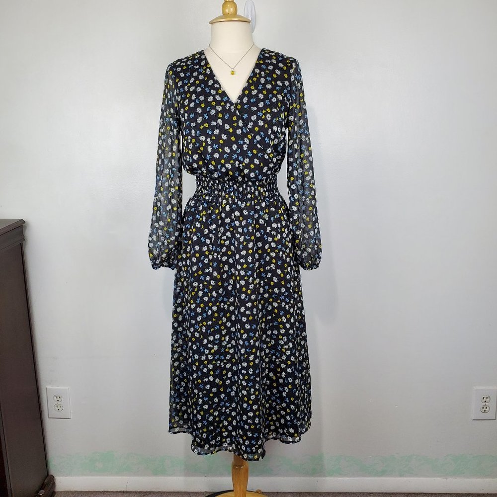 POPSUGAR Black Yellow White Blue Floral Feminine Midi Dress Size M
